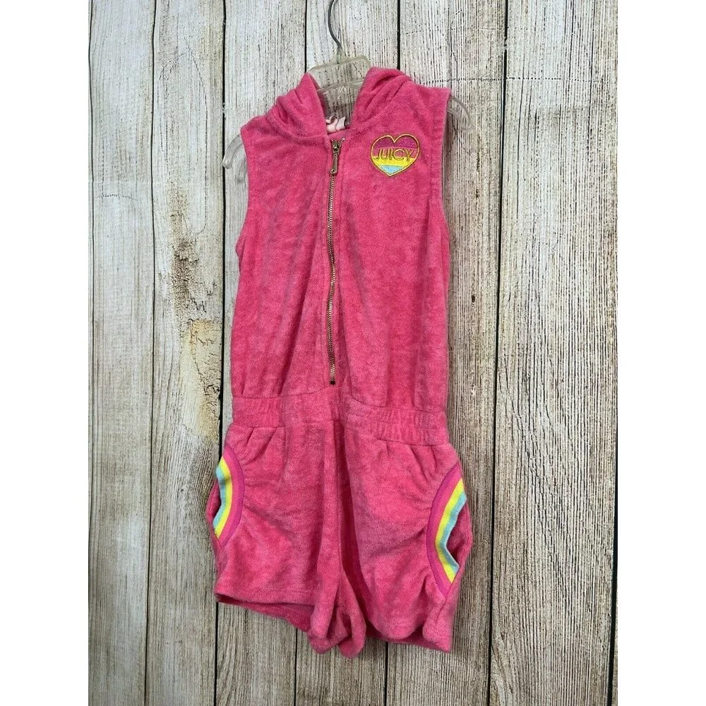 Juicy Couture Girls Romper with Hoodie Sz 6 Pink Terry Cloth Rainbow Retro Style